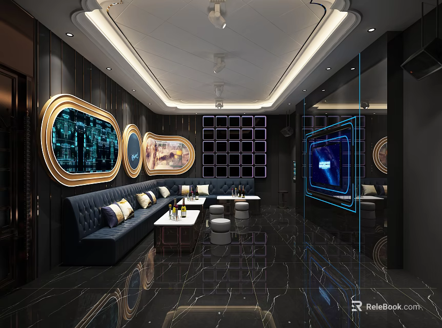 Modern KTV Interior Design With Blue Sofas Coffee Tables And Wall Decorations 3d model