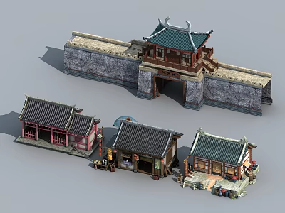 Cartoon Scene Of Traditional Chinese City Gate Tower And Houses With Details 3d model