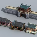 Cartoon Scene Of Traditional Chinese City Gate Tower And Houses With Details