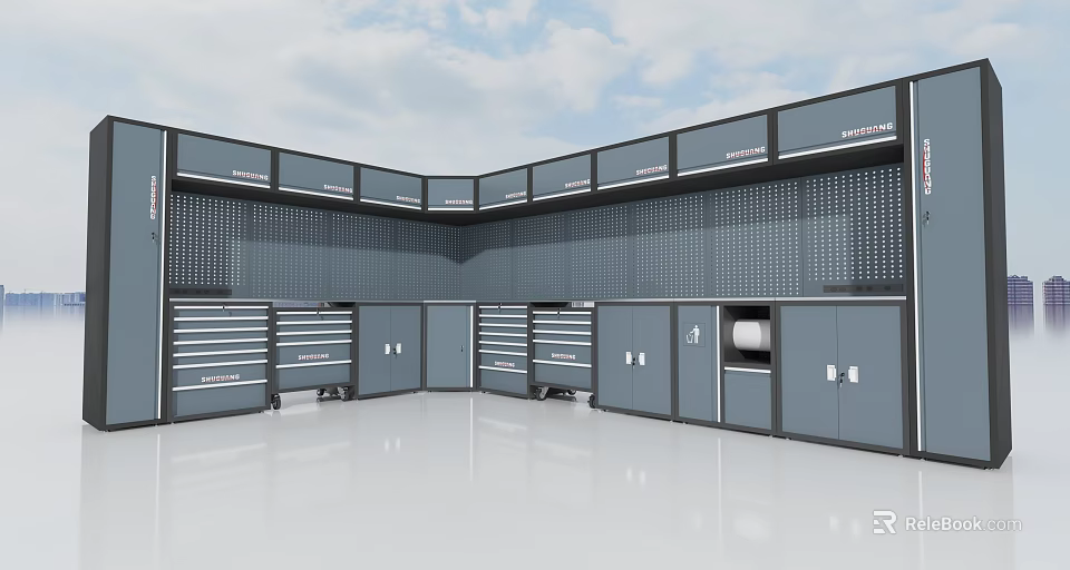 Hardware Tools Storage System With Gray Cabinets Drawers And Pegboard Wall 3d model 