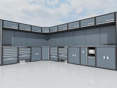 Hardware Tools Storage System With Gray Cabinets Drawers And Pegboard Wall 3d model