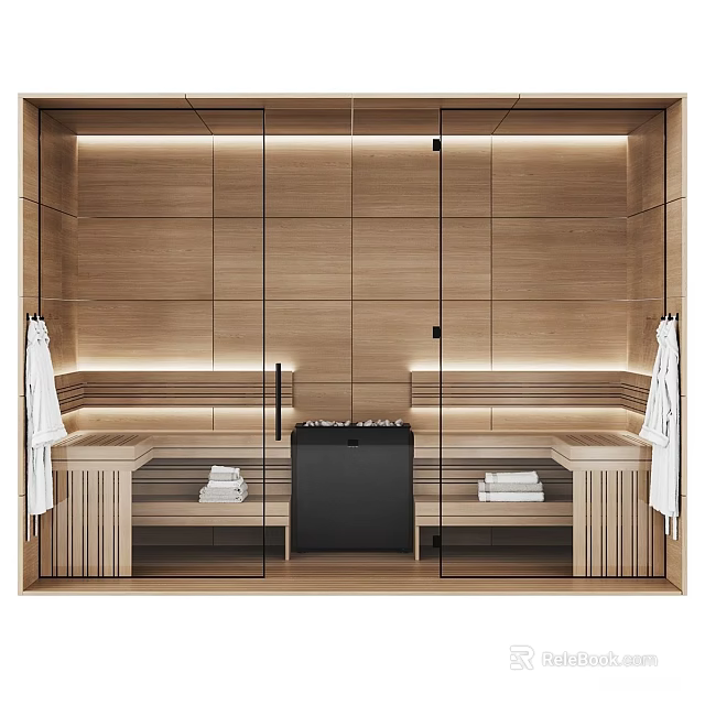 Modern Shower Sauna Interior With Wooden Walls Glass Doors Benches Towels And Lighting 3d model 