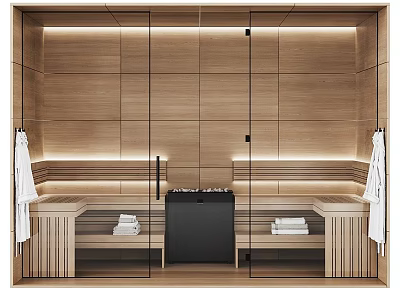 Modern Shower Sauna Interior With Wooden Walls Glass Doors Benches Towels And Lighting 3d model