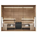 Modern Shower Sauna Interior With Wooden Walls Glass Doors Benches Towels And Lighting