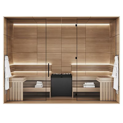 Modern Shower Sauna Interior With Wooden Walls Glass Doors Benches Towels And Lighting 3d model