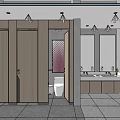 Modern Public Restroom Design With Wooden Stalls Toilet Sinks Mirrors And Lighting Fixtures