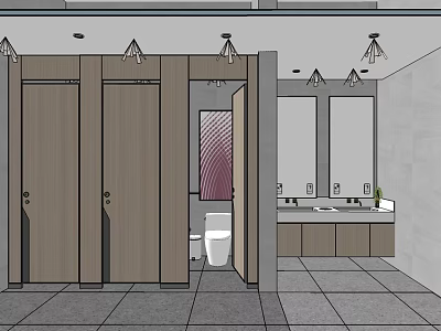 Modern Public Restroom Design With Wooden Stalls Toilet Sinks Mirrors And Lighting Fixtures 3d model