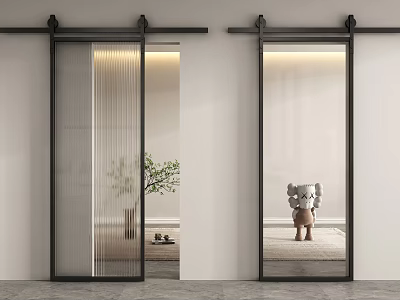 Modern Glass Barn Doors In Interior With Plant And Sculpture 3d model