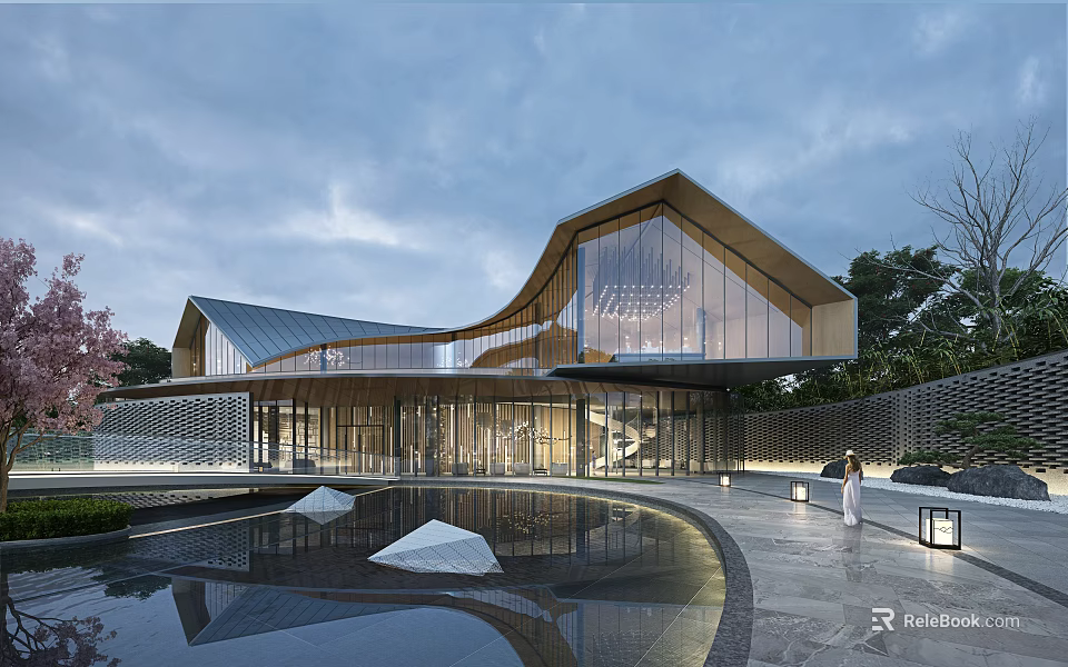 Modern Luxury Sales Center With Glass Curtain Wall Curved Roof And Pool Reflection 3d model 