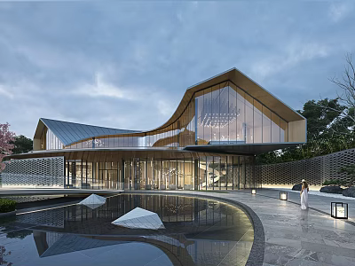 Modern Luxury Sales Center With Glass Curtain Wall Curved Roof And Pool Reflection 3d model