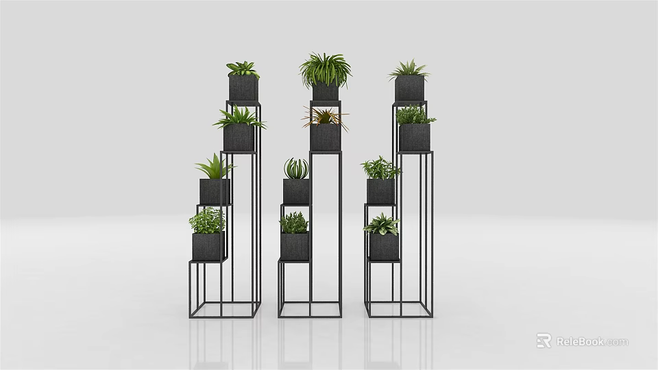 Elegant Three Black Metal Multi Tiered Garden Plant Stands With Green Potted Plants 3d model 