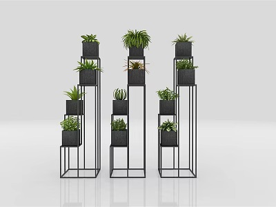 Elegant Three Black Metal Multi Tiered Garden Plant Stands With Green Potted Plants 3d model