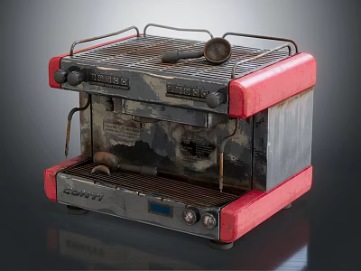 Vintage Red Kitchen Espresso Machine Home Appliance with Metal Rack and Spoon 3d model