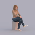 Women In Beige Tops And Blue Jeans Posing In Various Styles On Gray Background