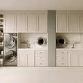 Organized Modern Laundry Room With Washing Machines Dryers And White Cabinets