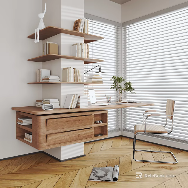 Modern Wooden Bookshelf with Integrated Desk Shelves Books and Potted Plant near Window Blinds 3d model 