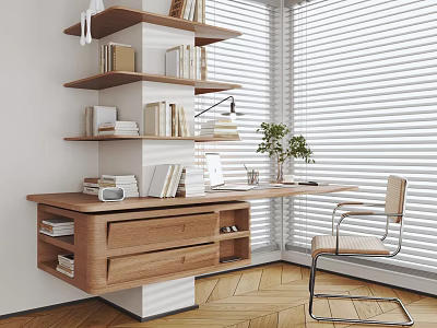 Modern Wooden Bookshelf with Integrated Desk Shelves Books and Potted Plant near Window Blinds 3d model