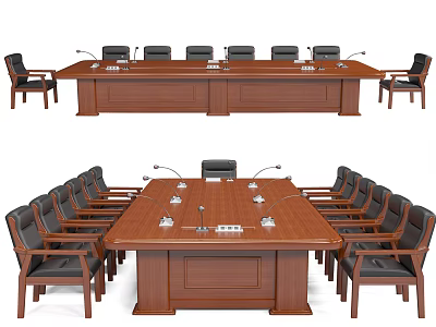 Wooden Conference Table With Black Chairs Microphones And Nameplates In Meeting Room 3d model