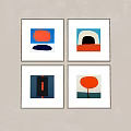 Four Square Framed Abstract Paintings With Red Blue Black Geometric Shapes 3d model