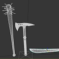 Wolf Themed Weapons Collection Including Club Axe And Knife With Decorative Designs
