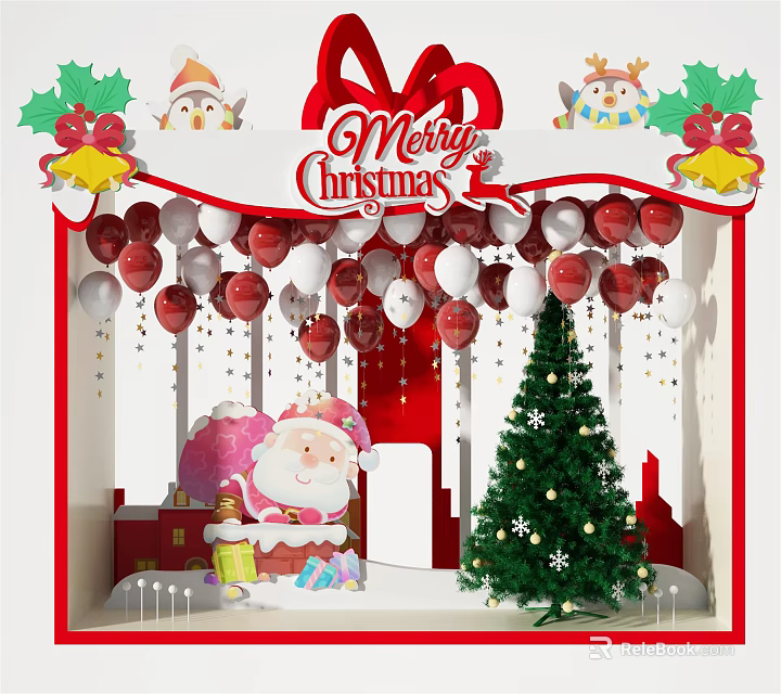 Christmas Window Display with Santa Claus Christmas Tree Red White Balloons and Holly Bells 3d model