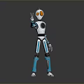 Robot Character With White And Blue Body And Orange Eyes Raising Hand On Reflective Floor