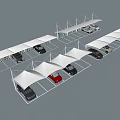 White Carport Canopies Covering Multiple Parking Spaces In Parking Lot With Parked Cars