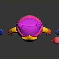 Cartoon Character with Pink Cat Ear Hat Yellow Star Angry Expression Blue Bottles Red Item in Air