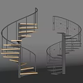 Modern Spiral Staircases With Wooden Black Steps And Metal Grid Railings Design