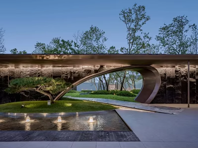 Modern Architectural Entrance Gate With Curved Structure Lush Lawn Trees And Water Feature 3d model