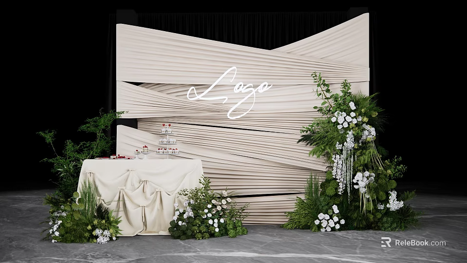 Luxe Check in Photo Spot With Beige Pleated Backdrop Green Plants And White Flowers 3d model 