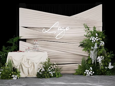 Luxe Check in Photo Spot With Beige Pleated Backdrop Green Plants And White Flowers 3d model
