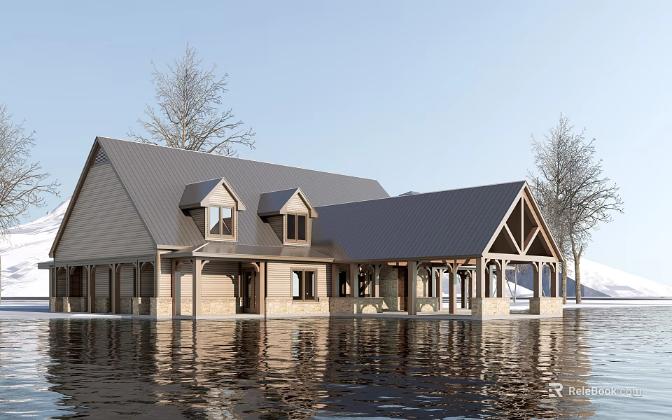 Waterfront Wooden Visitor Center With Gray Roof Surrounded By Leafless Trees And Calm Water Reflection 3d model 