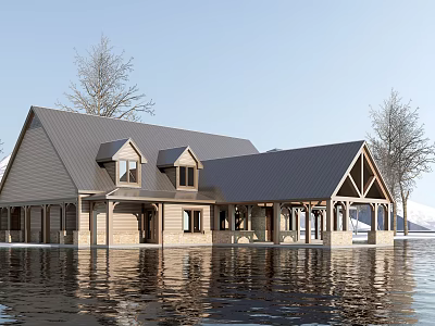 Waterfront Wooden Visitor Center With Gray Roof Surrounded By Leafless Trees And Calm Water Reflection 3d model