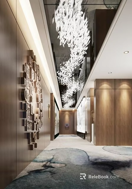 Modern Hotel Corridor Interior With Wooden Walls Stylish Chandeliers And Soft Lighting 3d model 