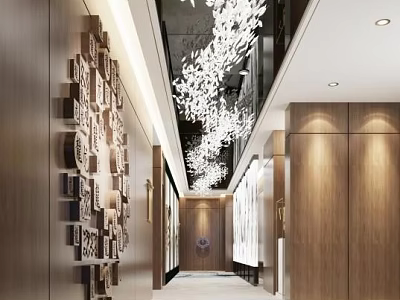 Modern Hotel Corridor Interior With Wooden Walls Stylish Chandeliers And Soft Lighting 3d model