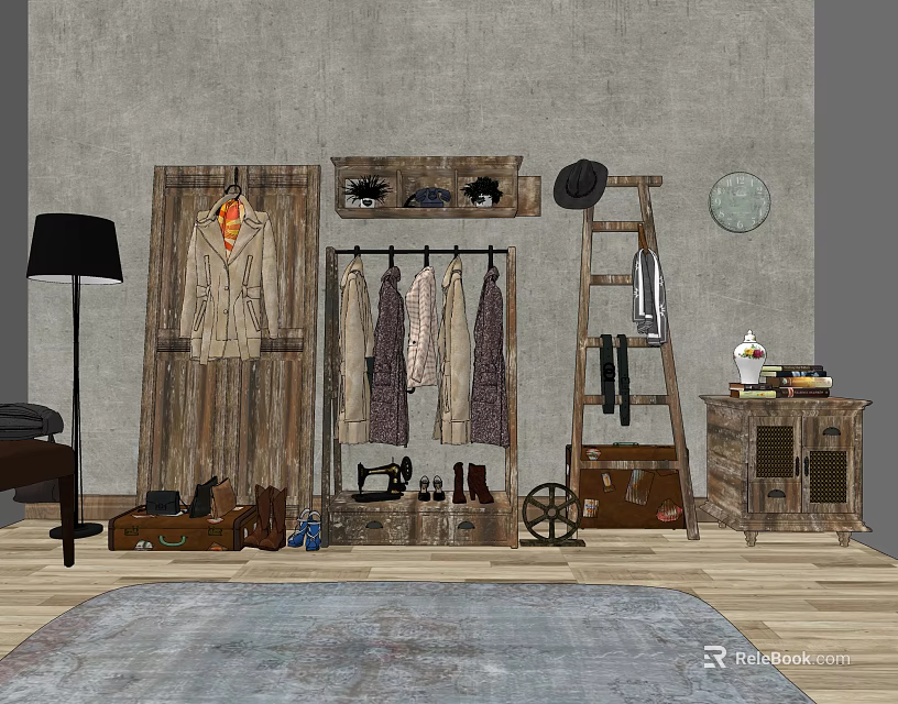 Wooden Display Shelves With Hanging Coats Shoes Hats And Ladder Style Racks In Interior Setup 3d model 