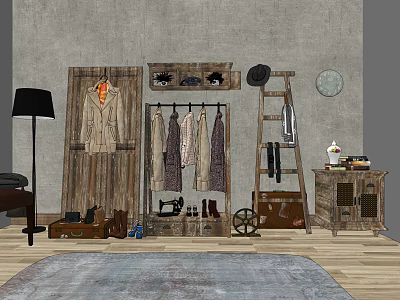 Wooden Display Shelves With Hanging Coats Shoes Hats And Ladder Style Racks In Interior Setup 3d model