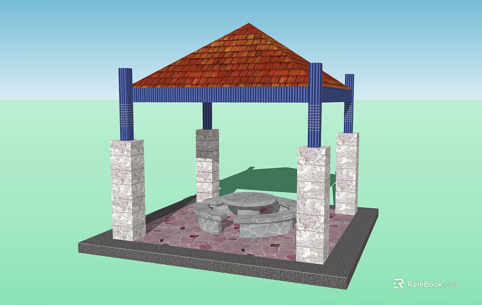 Traditional Gazebo With Red Tiled Roof Blue Pillars And Stone Paving 3d model 