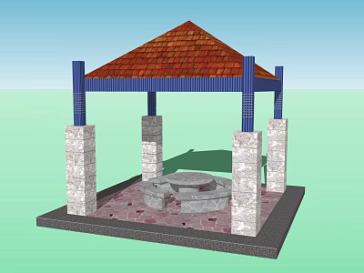 Traditional Gazebo With Red Tiled Roof Blue Pillars And Stone Paving 3d model