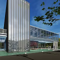 Modern Architectural Building Exterior With Glass Curtain Wall And Night Lighting At Entrance