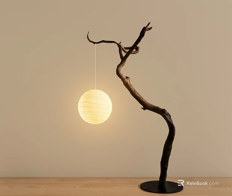 Branch Shaped Floor Lamp With Round Paper Lantern Warm Yellow Glow Against Light Colored Wall 3d model 