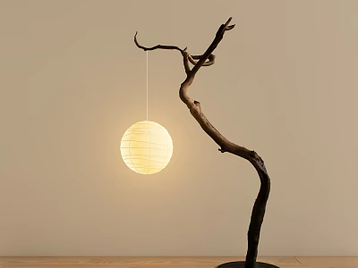 Branch Shaped Floor Lamp With Round Paper Lantern Warm Yellow Glow Against Light Colored Wall 3d model
