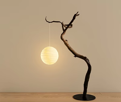 Branch Shaped Floor Lamp With Round Paper Lantern Warm Yellow Glow Against Light Colored Wall 3d model