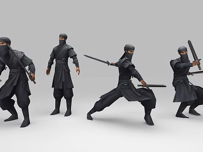 Ninja Game and Movie Characters in Black Outfits with Various Combat Poses and Swords 3d model