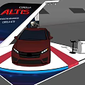 Car Exhibition Shelf Displaying Red Toyota Corolla Altis With Backdrop And Logo