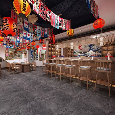 Traditional Japanese Restaurant Interior With Red Lanterns Colorful Banners Wooden Bar And Mural 3d model