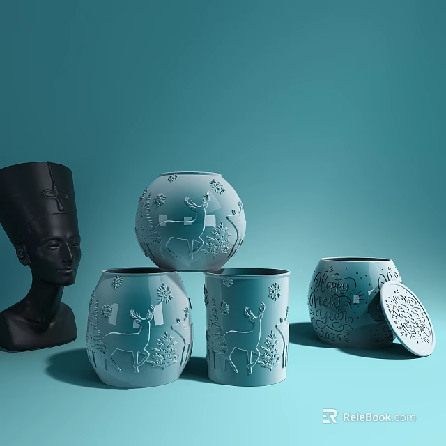 Elegant Light Blue Wine Bottle and Glass with Carved Patterns and Black Statue on Blue Background 3d model 