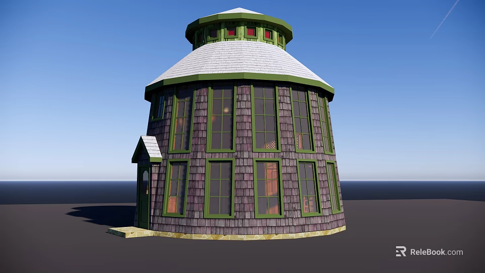 Round Shaped Detached House with White Roof Dark Brown Wooden Walls and Green Framed Windows 3d model 