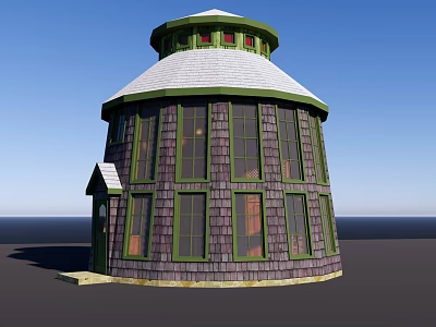 Round Shaped Detached House with White Roof Dark Brown Wooden Walls and Green Framed Windows 3d model
